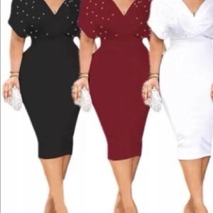 💜 Deep V-Neck short sleeve bubble pearl beaded casual dress XL multiple colors